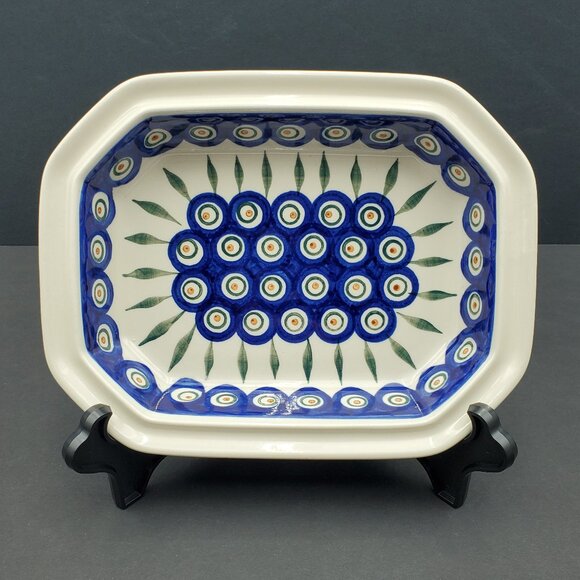 Polish Pottery Peacock Leaves 10" Baker Rectangular Octagonal BakingServing Dish - Picture 1 of 11
